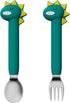Baby Forks and Spoons Set, Toddler Training Utensils, Silicone and Stainless Steel Kids Utensil (Green Dinosaur - Long)