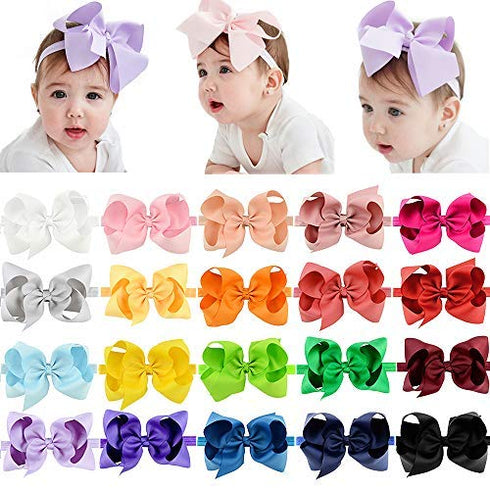 jollybows 20pcs Baby Girls Grosgrain Ribbon Hair Bows Headbands, 6" Elastic Hair Accessories (Multicoloured)