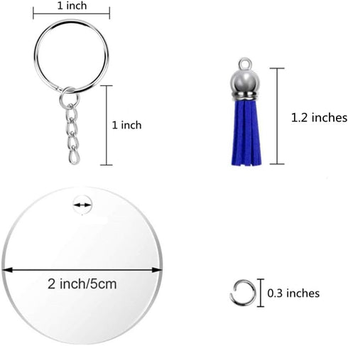 KINGFOREST 120PCS Acrylic Keychain Blanks Kit - 30 Keychain Rings, 30 Jump Rings, 30 Clear Discs, 30 Tassels