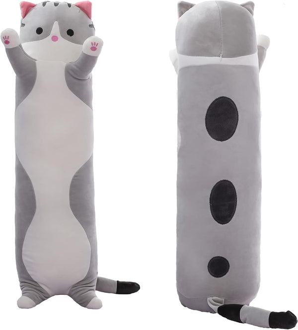 Cute Long Cat Body Pillow, Plush Stuffed Animals for Girls and Boys, Kawaii Funny Pillows, Gray, 27.5 Inch