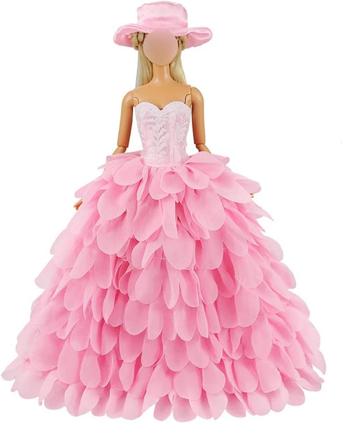 BARWA Princess Evening Party Clothes Outfit Set for 11.5 inch Doll with Hat, Pink Wedding Dress