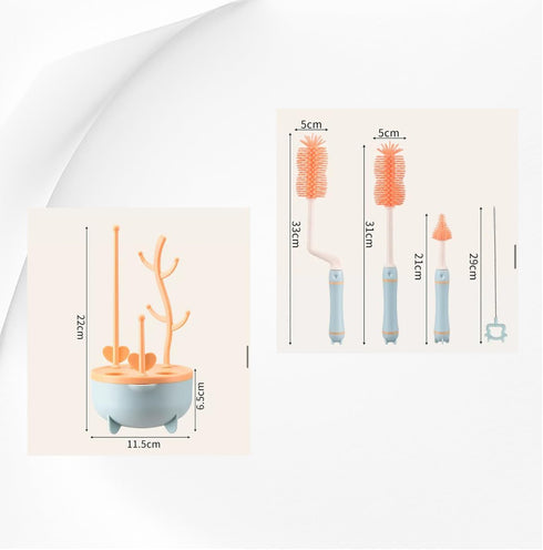 Silicone Baby Bottle Brush Set with Stand, 360° Rotating Cleaning Brush, 4-Piece Multipurpose Silicone Baby Bottle and