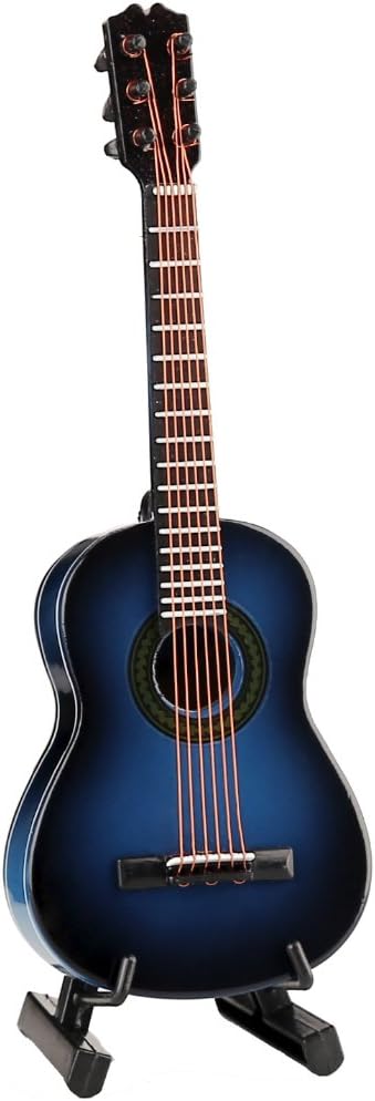 Dselvgvu Wooden Miniature Guitar with Stand and Case, Classic Blue Model for Dollhouse Decoration, 5.12"x1.86"x0.68"