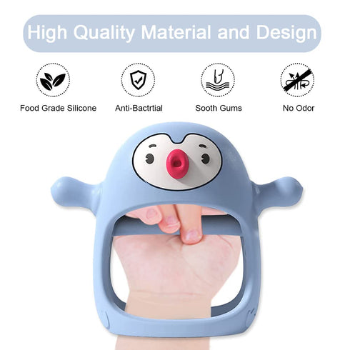 Smily Mia 2pack Blue+Grey Penguin Teether for Babies 0-6 Months, Silicone Teething Mittens & Chew Toys for 3-6 Months