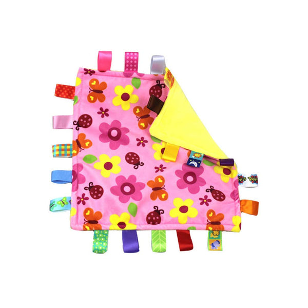 G-Tree Pink Flower Tag Comforter Security Blanket, Soft Plush Taggie Blanket with Colorful Tags for Infants Toddlers