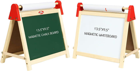 Easy Playhouse Wooden Table Top Easel for Children, Double Sided White Board and Chalk Board with Accessories