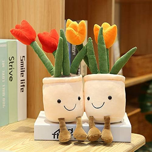 Tulip Plush Toy, 13" Orange Flower Pot Stuffed Plushie Pillow Doll, Soft Fluffy Hugging Cushion - Gift for All Ages