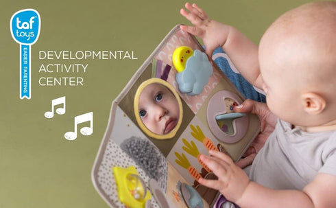 13 3D Taf Toys Newborns & Toddlers Busy Board with Music & Lights Montessori Activities Baby Safe Mirror, Activities