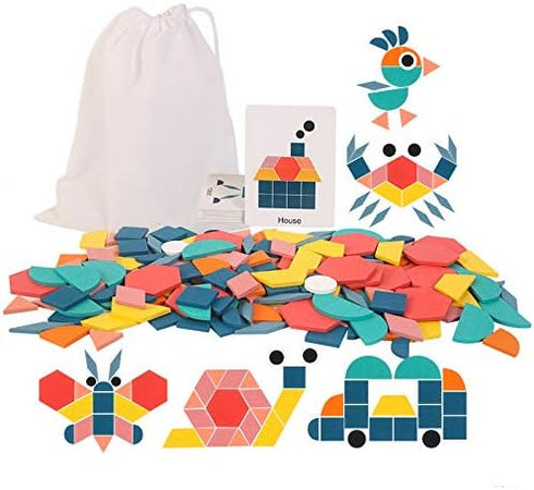 USATDD 180 Pcs Wooden Tangrams Pattern Blocks Set, Classic Educational Montessori Toys for Kids with 24 Pcs Flash Cards