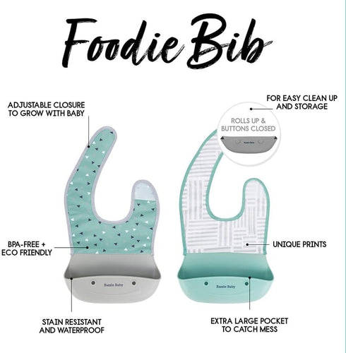 Bazzle Baby Silicone Bibs with Food Catcher - Waterproof 2-Pk, Rolls Up for Easy Travel and Storage
