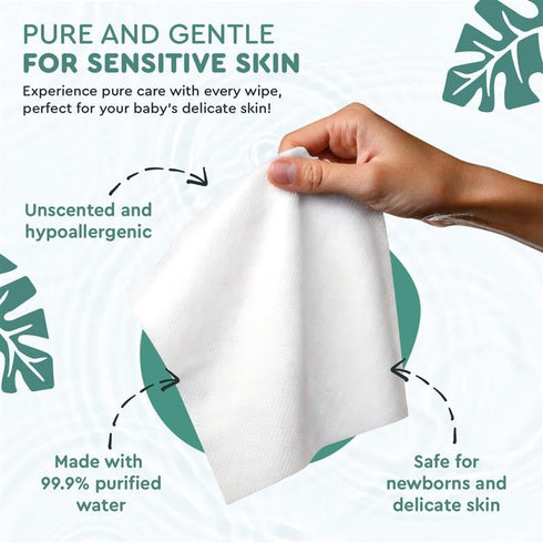 99.9% 9 Packs (60 Water Based Baby Wipes, Purified Water, Unscented & Gentle for Sensitive Skin, Plastic-Free, Wipes