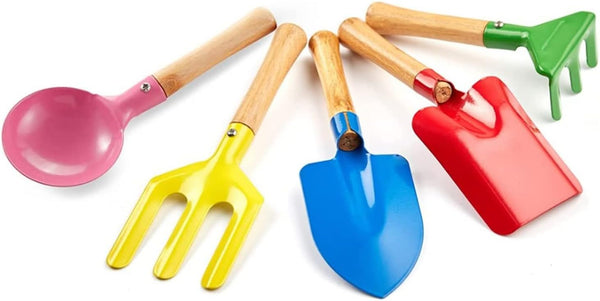 Kids Gardening Tools Set, 5PCS Metal Gardening Tools with Wooden Handle, Safe Beach Sandbox Toy