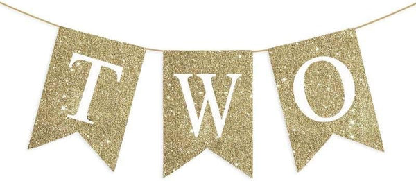 NISEVAN Pre-Strung Two Banner Gold Glitter High Chair Banner for Kids 2nd Birthday