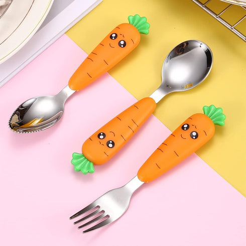 Travel Cutlery Set Baby, 3 PCS Toddler Utensils, Kids Spoon and Fork Self-Feeding, Stainless Steel Fun Baby Silverware