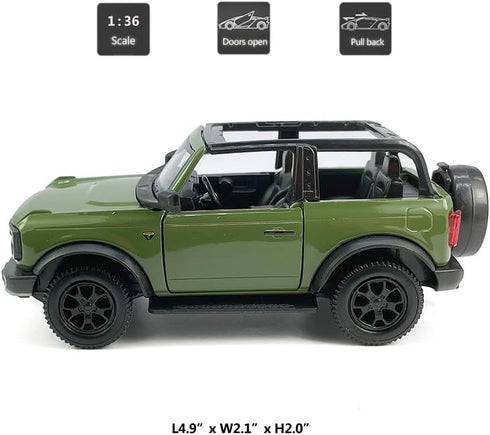 2-Door Convertible Bronco Model Car - 1/36 Scale Diecast Toy with Pull Back Doors, Black Rim