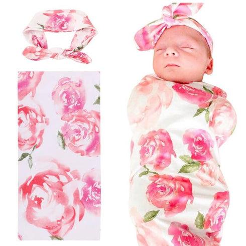 DRESHOW BQUBO Newborn Floral Receiving Blankets, Baby Swaddling with Headbands, Toddler Warm