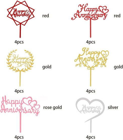 24Pcs Happy Anniversary Cake Topper Multicolour Acrylic for Wedding Retirement Anniversary Celebration Party Decorations