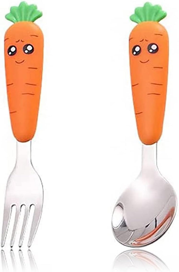 Travel Cutlery Set Baby, 2 PCS Toddler Utensils, Kids Spoon and Fork Self-Feeding, Stainless Steel Fun Baby Silverware
