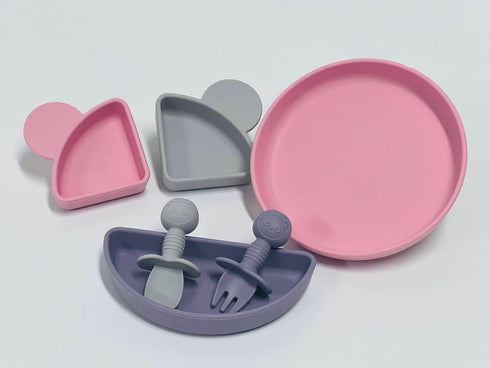 MIX COLOR SILICON BABY FEEDING SET, BABY EATING SUPPLIES, BABY LED WEANING SUPPLIES (Pink Grey Purple) by Generic