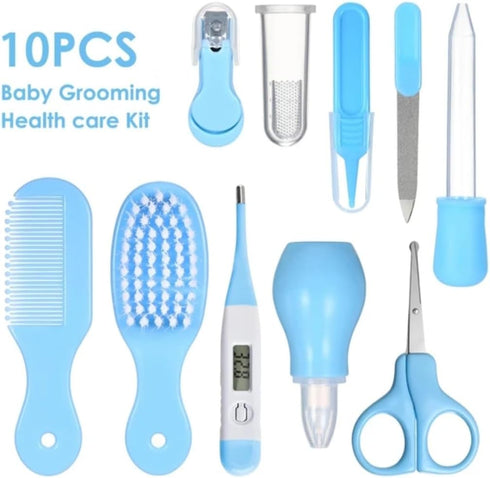 MAWZEH 10 PCS Baby Grooming Health Care KIT for New Borns and Toddlers (Blue) Ideal for Travelling & Home Use