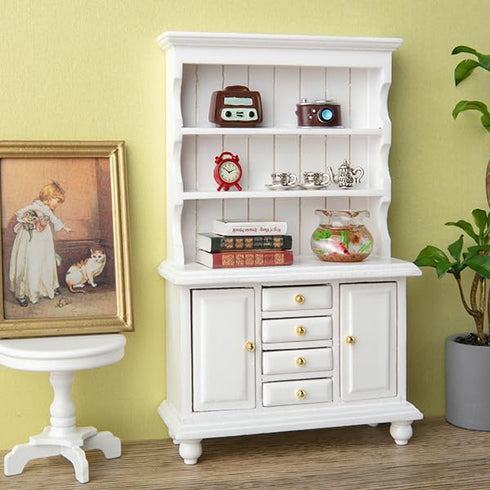 Minamzee 1/12 Set, 11Pcs Dollhouse Cabinet Dollhouse Miniature Wooden Bookshelf with Accessories (Alarm Clock, Fish