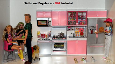 PowerTRC Mini Modern Doll Kitchen Play Set, Pink with Realistic Light & Sound for Kids