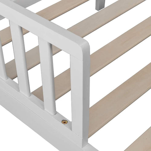 Volowoo Bed Frame for Girls & Boys, Classic Wood Bed Frame w/Safety Guardrail, Low to Floor Design, Wooden Slat