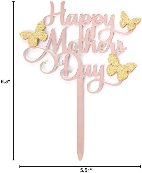6 pcs Acrylic Cake Topper, Happy Mother's Day Decorative Party Cake Decoration with Rose Gold Butterfly