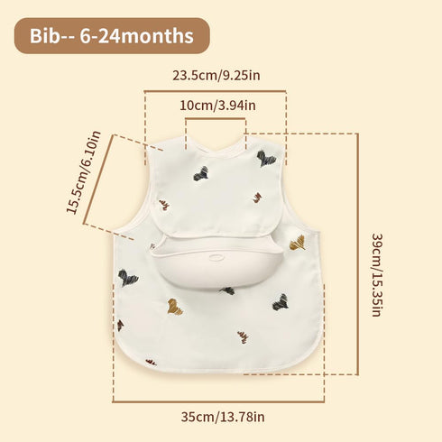 Cococu 6-24M(Beige Baby Bibs for Eating,Baby Smock bib with Silicone Catcher, Waterproof Baby Bib Shirt, Baby Feeding