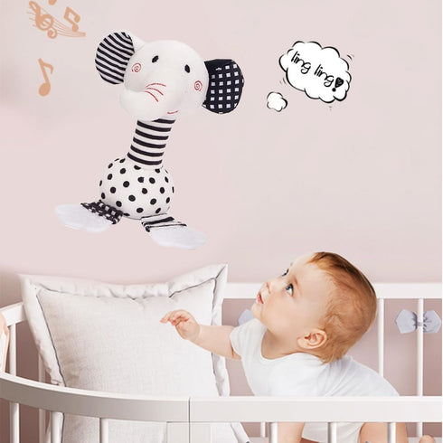 Black and White Newborn Baby Toys 0-12 Months, Soft Plush Rattle Stuffed Animal Toy with Teether and Sound (Elephant)