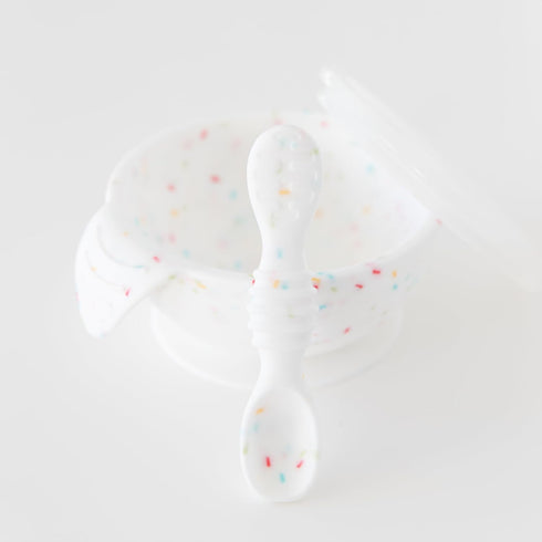 Bumkins Silicone Baby Feeding Set, Suction Bowls for Baby and Toddler with Spoon and Lid, Platinum Silicone Bowl