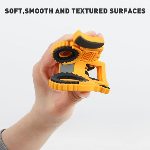 3 (Bulldozer) Baby Construction Vehicles Teething Toys,Food Grade Silicone Teether with One-Piece Pacifier Clip