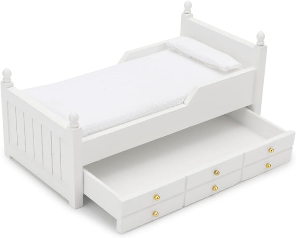Dollhouse Miniature Bed with Drawer 1:12 Wooden Furniture European Bedroom Bedding Furniture