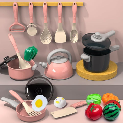 Kids Kitchen Toy Accessories Playset, Pretend Cooking Pots, Pans, Utensils, Cookware, Food, and Storage Basket