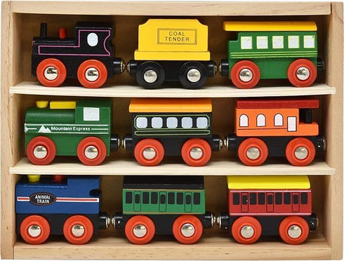 9 Set Gift Boutique Wooden Train Cars Piece Collection of Magnetic Trains and Wood Engine and Vehicles Compatible