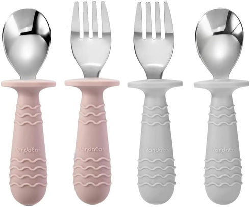 PandaEar 4 Set Baby Toddler Silicone Stainless Steel Utensils, BPA Free with Anti-Choke Design (Pink & Grey)