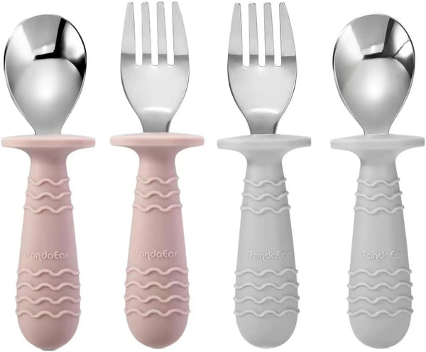 PandaEar 4 Set Baby Toddler Silicone Stainless Steel Utensils, BPA Free with Anti-Choke Design (Pink & Grey)