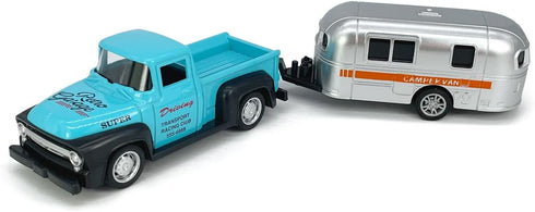 3 4 5 6 7 Vintage Blue Pickup Truck Trailer Towing Toy Camper RV Motorhome Toys for Boys Diecast Model Car Metal Pull