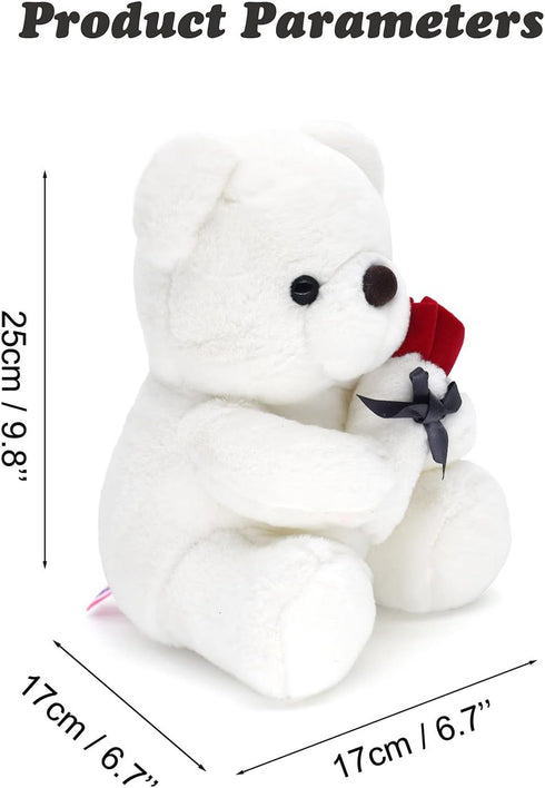9.8'' Teddy Bear with Rose, Soft Plush Bear Doll Stuffed Animal Toys Valentines Day Decor Gifts for Her/Girlfriend Lover Mom Kids (White)