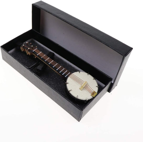 Wooden Miniature Banjo with Stand and Case, Mini Musical Instrument Replica Collectible Figurines for Dollhouse