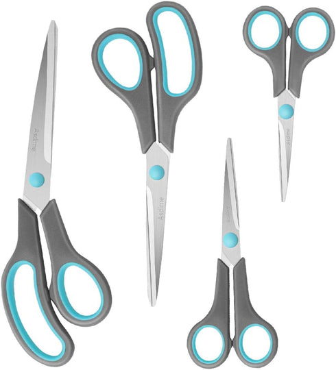 Scissors Set of 4, Premium Stainless Steel Razor Blades, Ergonomic Rubber Grip for School and Office