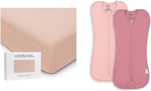 Comfy Cubs Muslin Fitted Sheets and Zip Up Swaddle Blankets Bundled