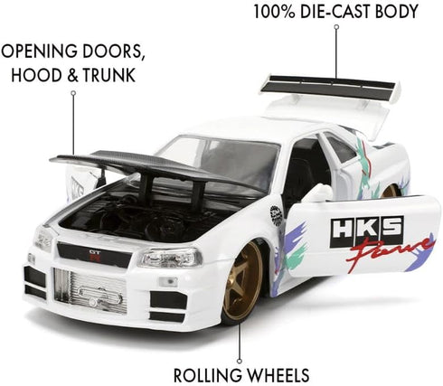 1:24 2002 (R34), 8+(Glossy Jada Toys JDM Tuners Die-Cast Nissan Skyline GT-R Opening Doors, Detailed Interior, Rubber