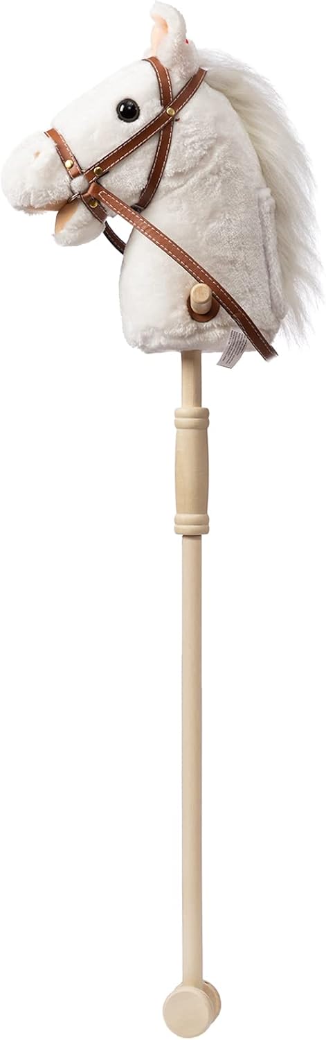 HollyHOME Stick Horse Plush Handcrafted Hobby Horse with Wood Wheels, Neighing and Galloping Sounds, White, 36 Inches
