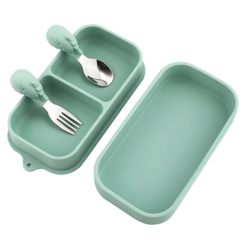 4pcs Travel Suction Plate Set for Baby, Portable Silicone Divided Bowls with Utensils for Toddler, Green