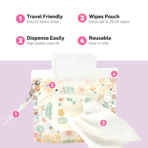 Orchid Hearts 2pcs Portable & Refillable Wet Wipe Pouch - Reusable Baby Wipes Holder & Container, Mini Floral Love