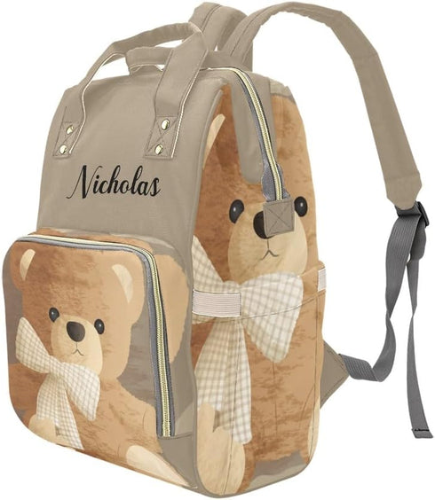 NZOOHY Backpack Mommy Backpack Brown Teddy Bear Bow Personalized Diaper Bag Multi-Function Custom with Name Large