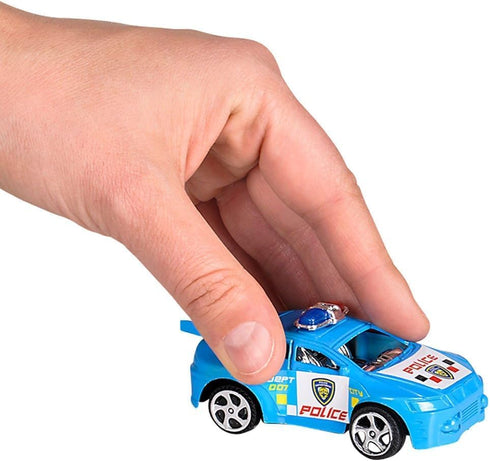 Colorful Mini Police Toy Cars (12 Pack) (3") in Blue, Red, Black, and White, Plastic Winding Pull Back Racers