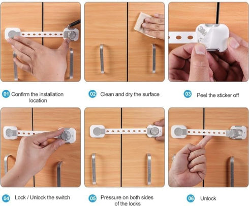 TASSU 6-Pack Child Safety Locks Adjustable Double Lock Baby Proofing Latches for Cabinets, Drawers, Fridge & More