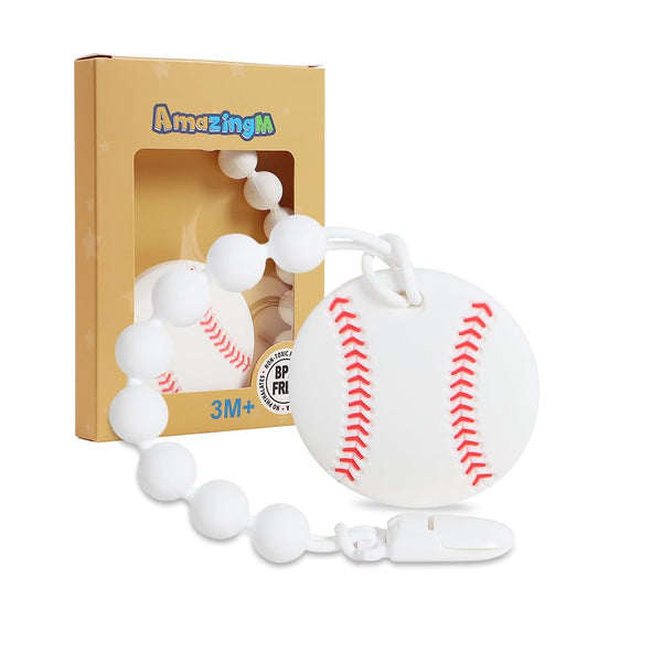 Baby Food Grade Silicone Sport Ball Teether Toy with Pacifier Clip Holder, Teething Pain Relief Toys Gift Set for 3